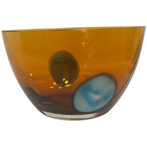 Waterford Evolution Amber Glass Bowl Blue Swirl Signed 6"x8" Luxe Decor